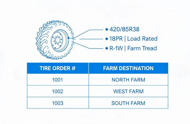 Illustration of tire specifications, farm destination and procurement correspondence