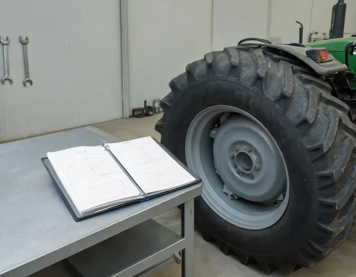 Tractor wheel specification review in a farm workshop